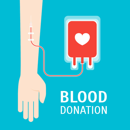 Cartoon Blood Donor Service Card Poster on a Blue for Ad Medicine and Health Care Concept Flat Design Style. Vector illustrationのイラスト素材