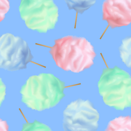 Realistic Detailed 3d Trendy Color Cotton Candy Seamless Pattern Background Sweet Sugar Dessert on Stick Summer Tasty Food. Vector illustrationのイラスト素材