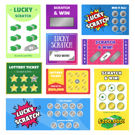 Cartoon Scratch Cards and Lottery Ticket Different Types Set Win Concept Element Flat Design Style. Vector illustration of Cardのイラスト素材