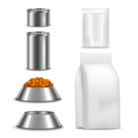 Realistic Detailed 3d Blank Dog Food Pack, Can and Bowl Template Mockup Set. Vector illustration of Mock Up Productsのイラスト素材