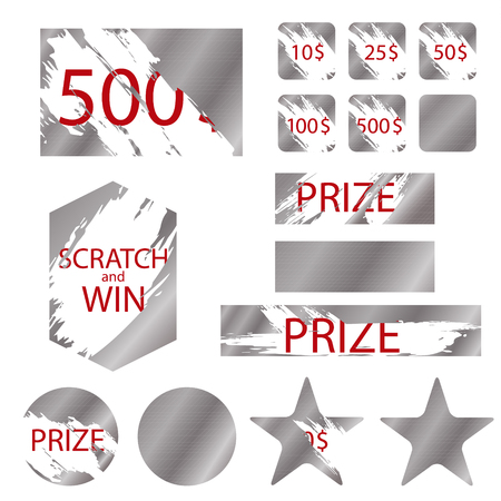 Scratch Games Cards with Effects Metallic Scrape Symbol of Prize, Lottery, Win, Reward or Luck. Vector illustrationのイラスト素材