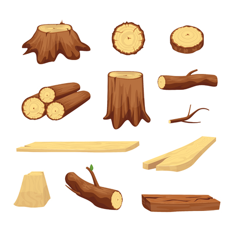Wooden Trunk Materials Set Parts Elements for Wood Industry. Vector illustration of Chopped Firewood and Natural Timberのイラスト素材