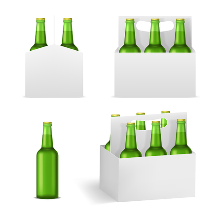 Realistic Detailed 3d Beer Bottles Pack Set Alcohol Drink Green Glass Bottle. Vector illustration of Beverage Packsのイラスト素材