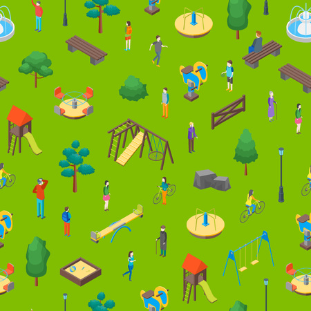 Kid Playground Elements 3d Seamless Pattern Background Isometric View Include of Swing, Toy, Sandbox, Seesaw, Ladder and Carousel. Vector illustrationのイラスト素材