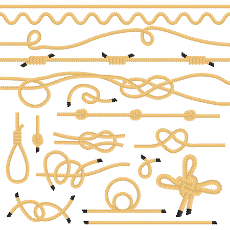 Realistic Detailed 3d Rope Knots Borders Set Web Design Element Different Types. Vector illustration of Marine Decorativeのイラスト素材