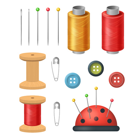 Realistic Detailed 3d Sewing Supplies for Tailoring and Needlework Set Include of Thread, Needle and Button. Vector illustrationのイラスト素材