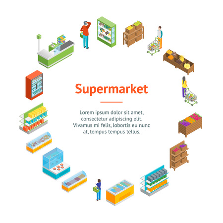Supermarket or Shop Banner Card Circle Isometric View. Vector illustration of Grocery Market or Mall with Showcase and Peopleのイラスト素材