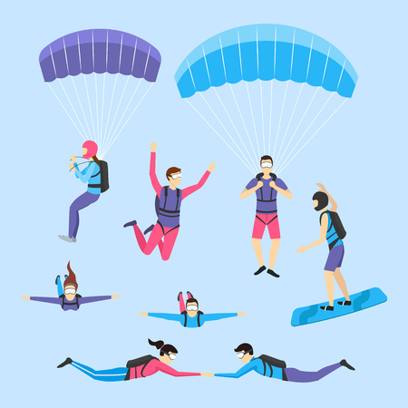 Cartoon Characters Skydiving and Parachuting People Set Extreme Sport Concept Element Flat Design Style. Vector illustrationのイラスト素材