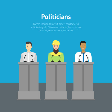 Cartoon Different Nationalities Politicians Man Card Poster Public Congress, Conference or Debate Concept Flat Design Style on a Blue. Vector illustrationのイラスト素材