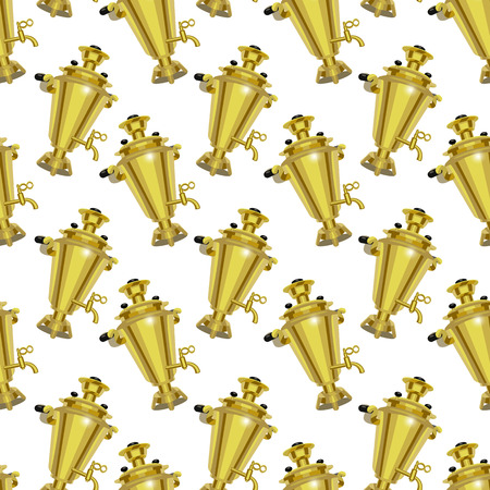 Realistic Detailed 3d Russian Samovar Seamless Pattern Background on a White Symbol of Traditional National Culture Tea and Souvenir. Vector illustration of Retro Teapotのイラスト素材