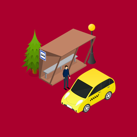 City Public Transport Taxi 3d Icons Isometric View on a Red Background. Vector illustrationのイラスト素材