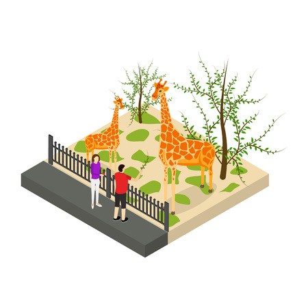 Public Zoo Concept 3d Isometric View Giraffe at Zoological Garden. Vector illustrationのイラスト素材