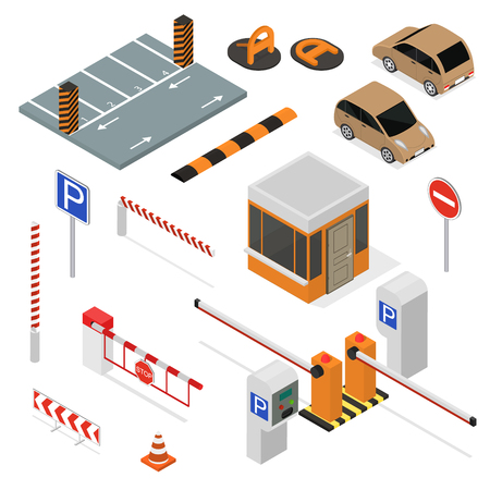 Parking Elements Concept 3d Icon Set Isometric View Include of Car, Sign, Place and Barrier. Vector illustration of Iconsのイラスト素材