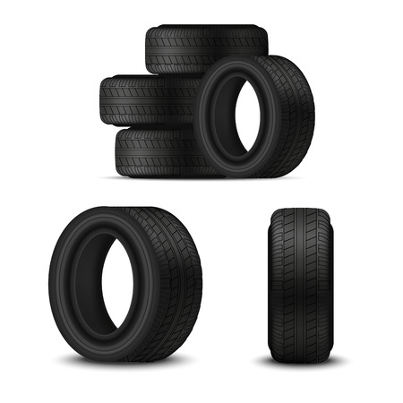 Realistic 3d Detailed Black Car Tires Set for Service Maintenance or Sport. Vector illustration of Rubber Tyreのイラスト素材