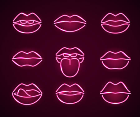 Lips Neon Signs Thin Line Icon Set. Vectorのイラスト素材