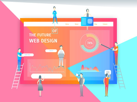 Web Page Design Concept Banner Card with Elements Include of Menu, Button, Graphic and People. Vector illustrationのイラスト素材