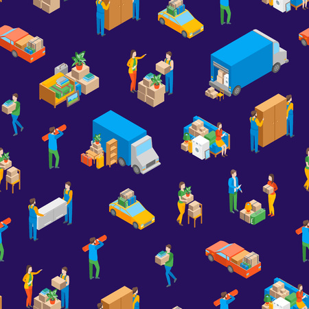 Relocation Service 3d Seamless Pattern Background Isometric View Include of Transportation, Shipping Box or Container Package and Storage. Vector illustrationのイラスト素材