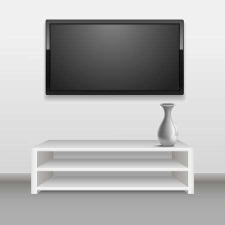 Realistic 3d Detailed Black LED Tv on White Wall Interior of a Room, Hotel or Office. Vector illustrationのイラスト素材
