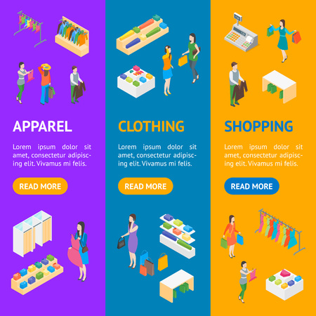 Trendy Clothing Store Interior with Furniture Banner Vecrtical Set Isometric View. Vector illustration of Fashion Shop or Boutique with Peopleのイラスト素材