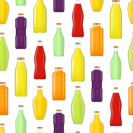 Realistic Detailed 3d Different Types Juice Bottle Glass Seamless Pattern Background. Vectorの写真素材