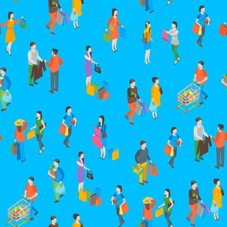 Shopping People 3d Seamless Pattern Background Isometric View Include of Bag, Cart, Clothes, Couple, Gift and Trolley. Vector illustrationのイラスト素材