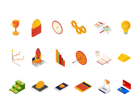 Blockchain Startup Signs 3d Icons Set Isometric View Include of Money, Computer, Mobile and Rocket. Vector illustration of Bitcoinのイラスト素材