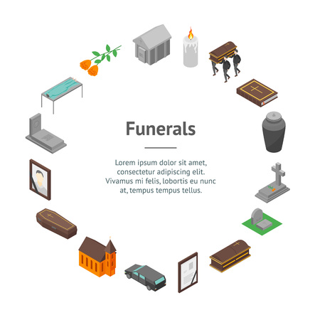 Funeral Signs 3d Set Banner Card Circle Isometric View Include of Candle, Church, Grave, Cross, Tombstone, Coffin and Monument. Vector illustrationのイラスト素材
