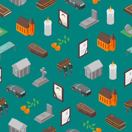 Funeral Signs 3d SetSeamless Pattern Background Isometric View Include of Candle, Church, Grave, Cross, Tombstone, Coffin and Monument. Vector illustrationのイラスト素材