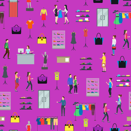 Cartoon People in Clothing Store Seamless Pattern Background Fashion Sale Retail Shope Concept Element Flat Design Style. Vector illustrationのイラスト素材