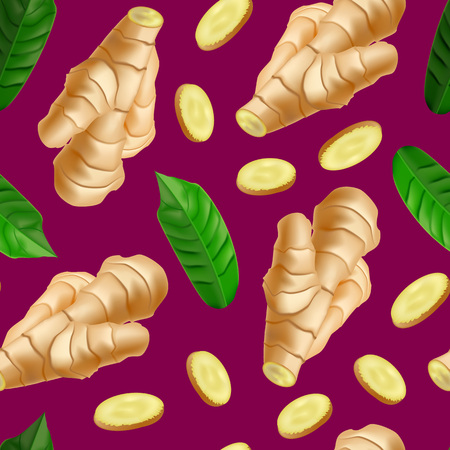 Realistic Detailed 3d Whole Ginger Root with Green Leaves and Slices Organic Healthy Spice Seamless...