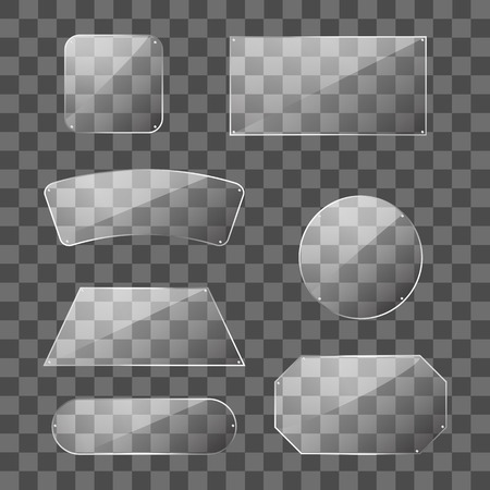 Realistic Detailed 3d Glass Plates Set on a Transparent Background Circle and Square Different Types Decor Elements. Vector illustration of Plateのイラスト素材