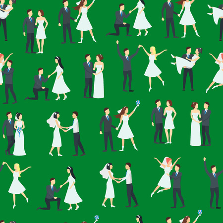 Cartoon Newlyweds People Posing Seamless Pattern Background Wedding or Marriage Concept Element Flat Design Style. Vector illustrationのイラスト素材