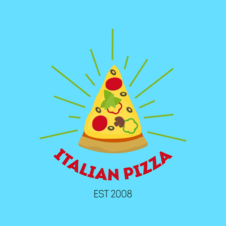 Cartoon Pizzeria Sign Color Card Poster Shining Pizza Food Concept Flat Design Style Label or Badge for Your Business. Vector illustrationのイラスト素材