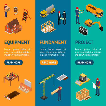 Construction Building Concept Banner Vecrtical Set 3d Isometric View Include of House, Crane, Equipment, Truck, Worker and Excavator. Vector illustrationのイラスト素材