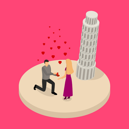 Romantic Relationship Sign 3d Isometric View Happy Couple in Travel Love Together Concept. Vector illustration of Romance Feelingのイラスト素材
