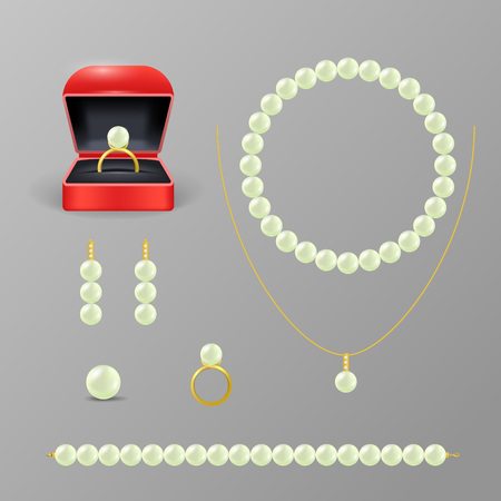 Realistic 3d Detailed Jewelry Items with Pearl Set Include of Ring, Earring, Necklace, Pendant and Bracelet. Vector illustrationのイラスト素材