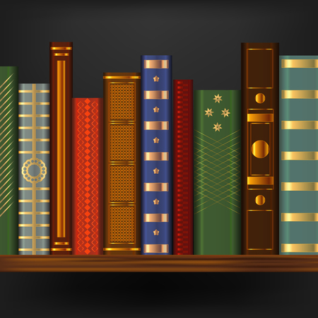 Realistic 3d Detailed Vintage Old Books on Wood Shelf Element Library or Bookcase with Retro Book. Vector illustrationのイラスト素材