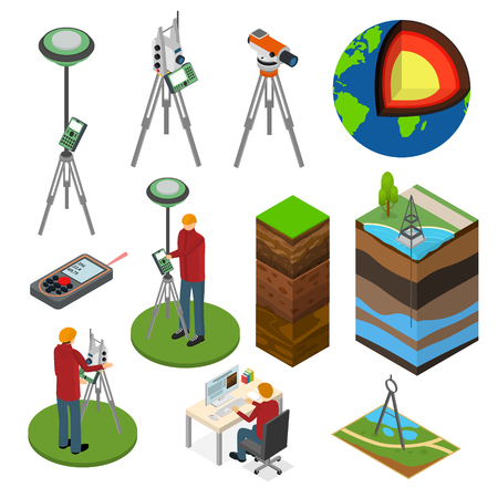 Earth Exploration Sign 3d Icon Set Isometric View Include of Research Instrument, Exploration Ground, Geology Device and Tripod. Vector illustration of Iconsのイラスト素材