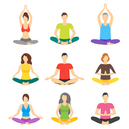 Cartoon Meditation Character People Signs Icon Set Meditating Concept Flat Design. Vector illustration of Zen or Calm Practice Person Iconsのイラスト素材