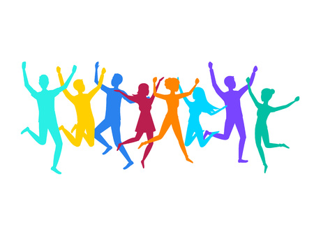 Cartoon Color Contour Jumping Characters People Set Concept Party Element Flat Design Style. Vector illustration of Happiness and Active Groupのイラスト素材