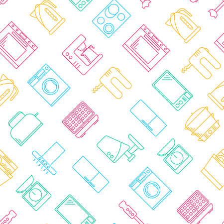 Kitchen Appliances Signs Thin Line Seamless Pattern Background on a White Include of Kettle, Mixer, Blender, Toaster and Oven. Vector illustrationのイラスト素材