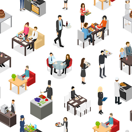 Cafe 3d Seamless Pattern Background on a White Isometric View. Vector illustration of Peopleのイラスト素材