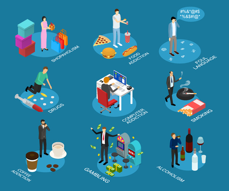 Bad Habits Sign 3d Icon Set Isometric View Include of Drug, Food Addiction, Alcohol and Shopping. Vector illustration of Iconsのイラスト素材