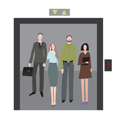 Cartoon Office Workers Characters Men and Women Professional Employee Inside in Elevator Concept Element Flat Design Style. Vector illustrationのイラスト素材