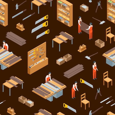 Furniture Makers at Work and Interior Seamless Pattern Background Isometric View Carpenter or Workman Profession. Vector illustration of Craftspeopleのイラスト素材