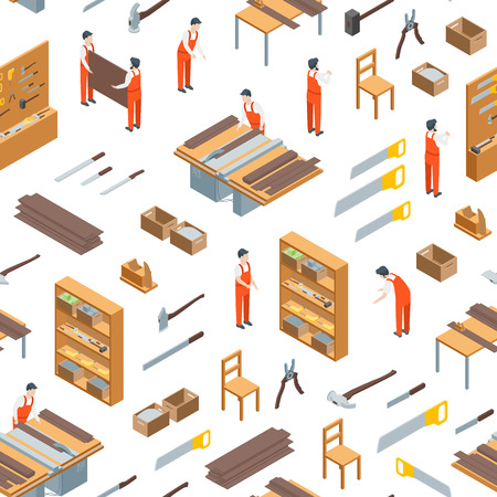 Furniture Makers at Work and Interior Seamless Pattern Background on a White Isometric View Carpenter or Workman Profession. Vector illustration of Craftspeopleのイラスト素材
