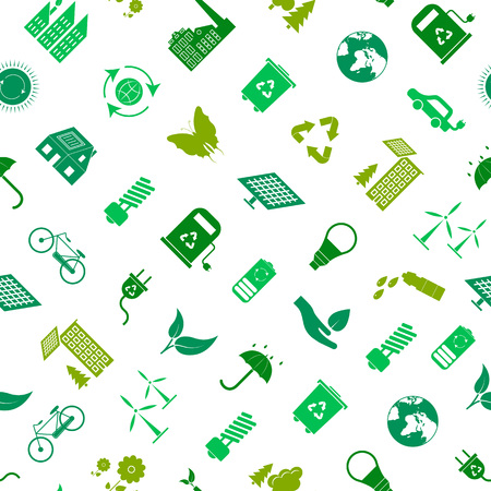 Cartoon Ecology SignsSeamless Pattern Background on a White Ecological Power Concept Flat Design Style. Vector illustration of Eco Symbol Iconのイラスト素材