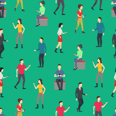 Cartoon Characters People Watch Cell Phones Seamless Pattern Background Concept Element Flat Design Style. Vector illustration of Woman, Man and Phoneのイラスト素材