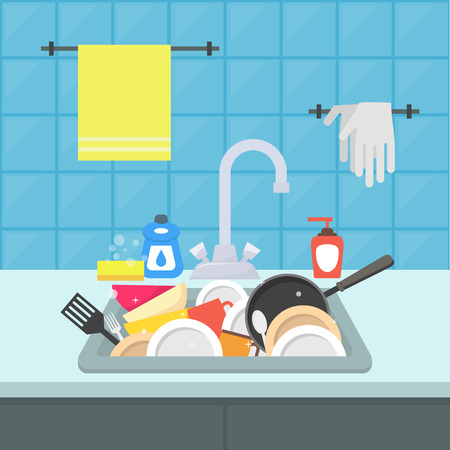 Cartoon Kitchen Sink with Different Kitchenware. Vectorのイラスト素材
