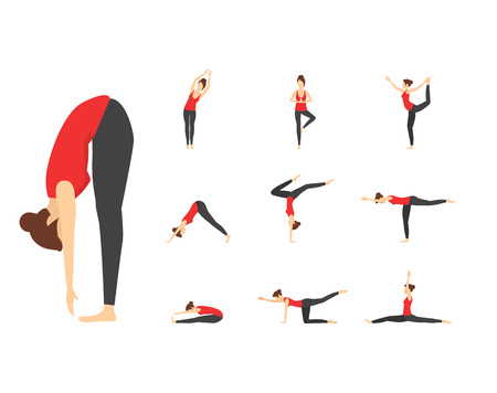 Cartoon Woman Yoga Poses Icons Set Fitness Exercise for Female Body Concept Flat Design Style. Vector illustration of Postureのイラスト素材